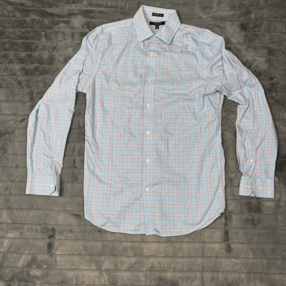 Banana Republic Grant Fit Mens M Non-Iron Cotton Stretch Blue Orange Check Shirt